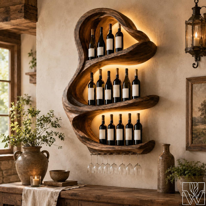 Handmade natural wood wine bottle holder with integrated stemware glass rack