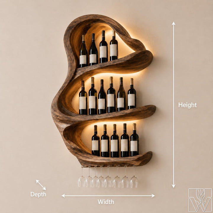 Minimalist wall mounted kitchen bar shelf displaying wine bottles and hanging glasses