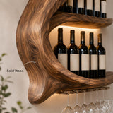 Live-edge inspired solid wood wall wine rack in modern home dining room