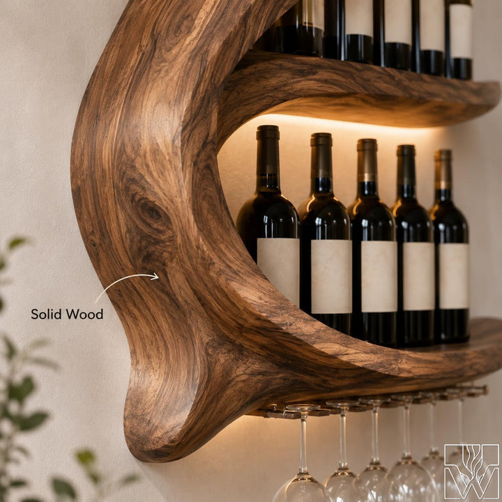 Live-edge inspired solid wood wall wine rack in modern home dining room