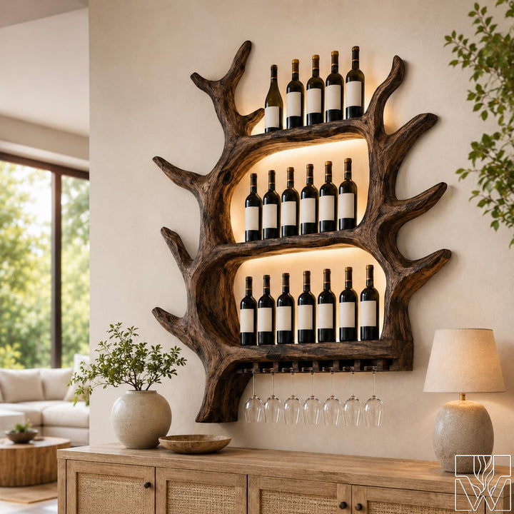 Mid century solid wood wall mounted wine rack with glass storage bar shelf - front view