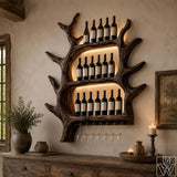 Sculptural natural solid wood wine holder displaying bottles and stemware glasses in home bar