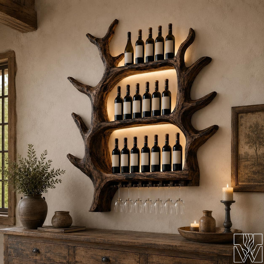 Sculptural natural solid wood wine holder displaying bottles and stemware glasses in home bar