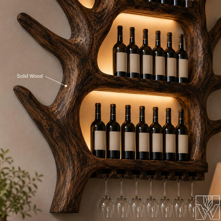 Minimalist kitchen bar shelf with multi-tier storage for wine bottles and lower glass hanger