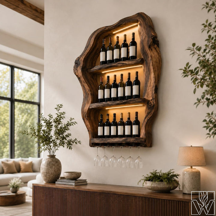 Wall Mounted Solid Wood Wine Rack with Glass Storage Bar Shelf