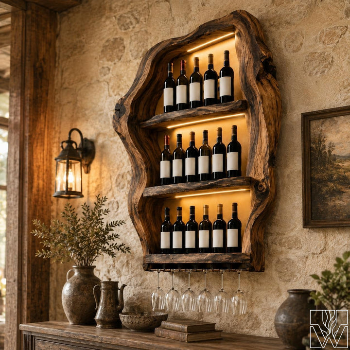 Wall Mounted Solid Wood Wine Rack with Glass Storage Bar Shelf