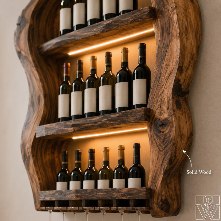 Wall Mounted Solid Wood Wine Rack with Glass Storage Bar Shelf