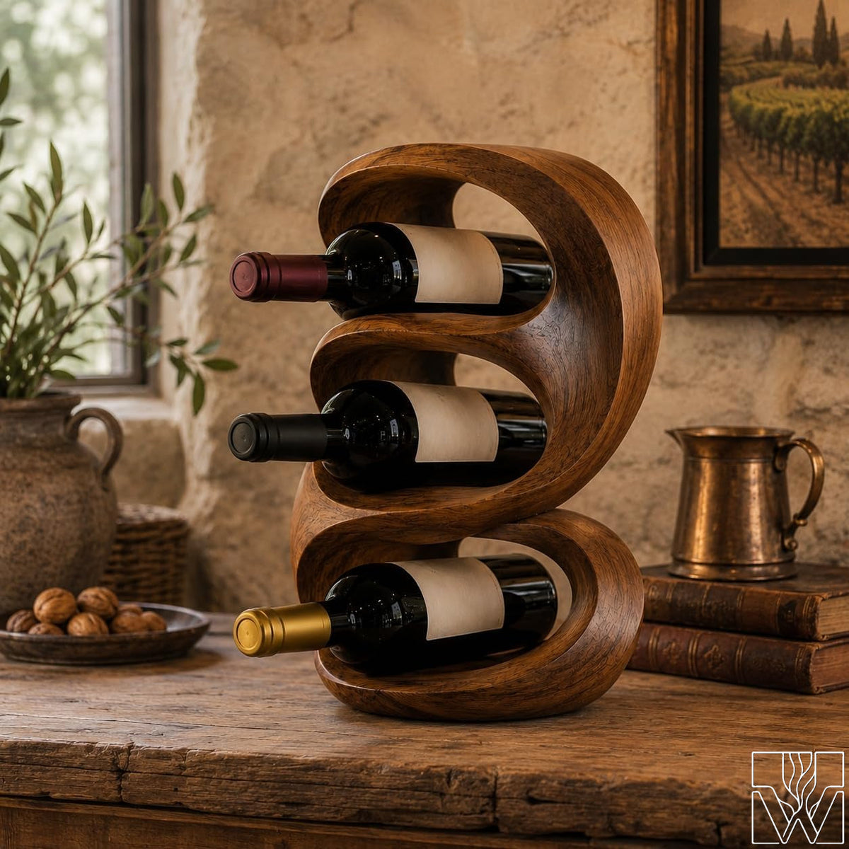 Rustic Wine Rack for Kitchen Island, Wooden Bottle Holder