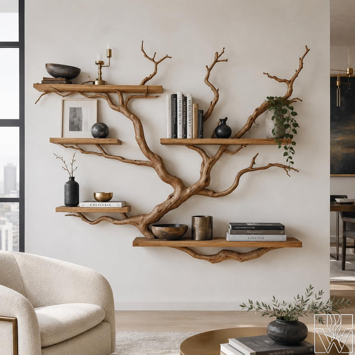 Rustic Tree Branch Bookshelf 5-Tier Wall Mounted Natural Wood Shelf