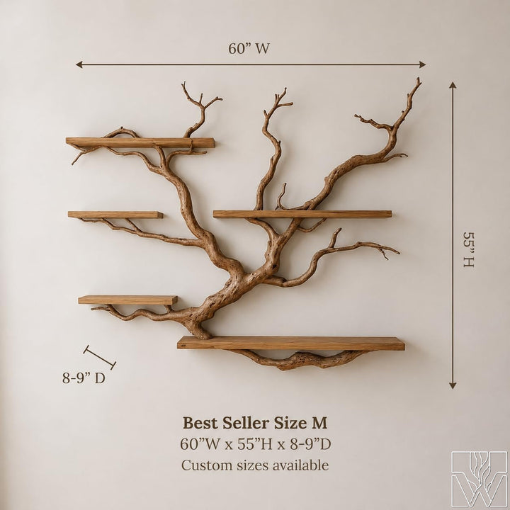 Rustic Tree Branch Bookshelf 5-Tier Wall Mounted Natural Wood Shelf