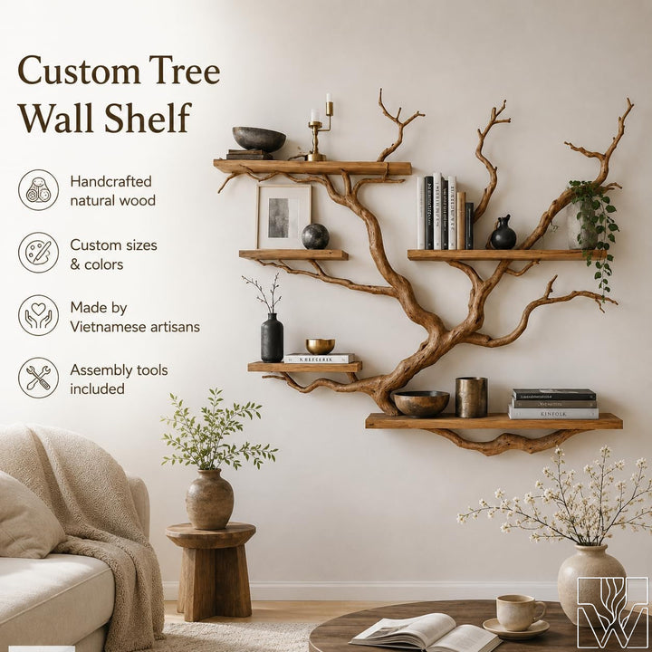 Rustic Tree Branch Bookshelf 5-Tier Wall Mounted Natural Wood Shelf