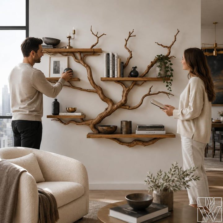 Rustic Tree Branch Bookshelf 5-Tier Wall Mounted Natural Wood Shelf