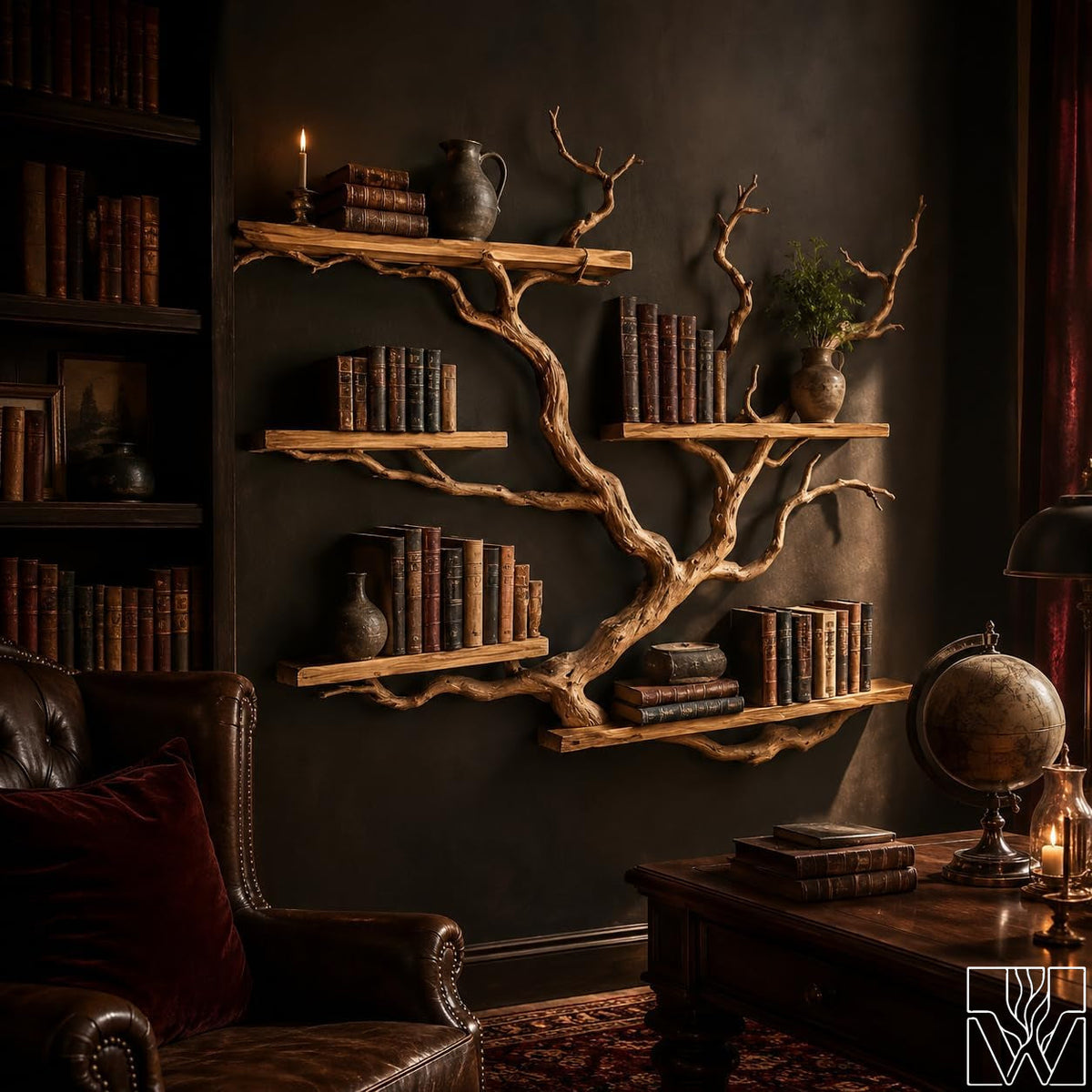 Rustic Tree Branch Bookshelf 5-Tier Wall Mounted Natural Wood Shelf