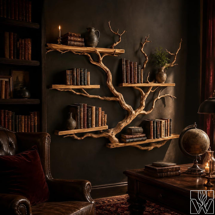 Rustic Tree Branch Bookshelf 5-Tier Wall Mounted Natural Wood Shelf