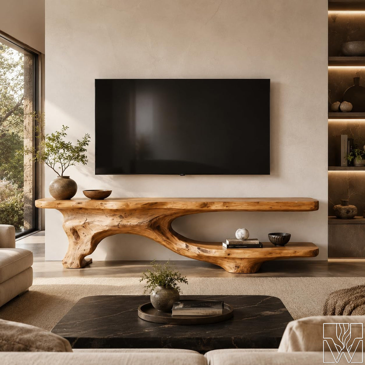 Rustic Live Edge Wood Floating Tree Branch TV Stand