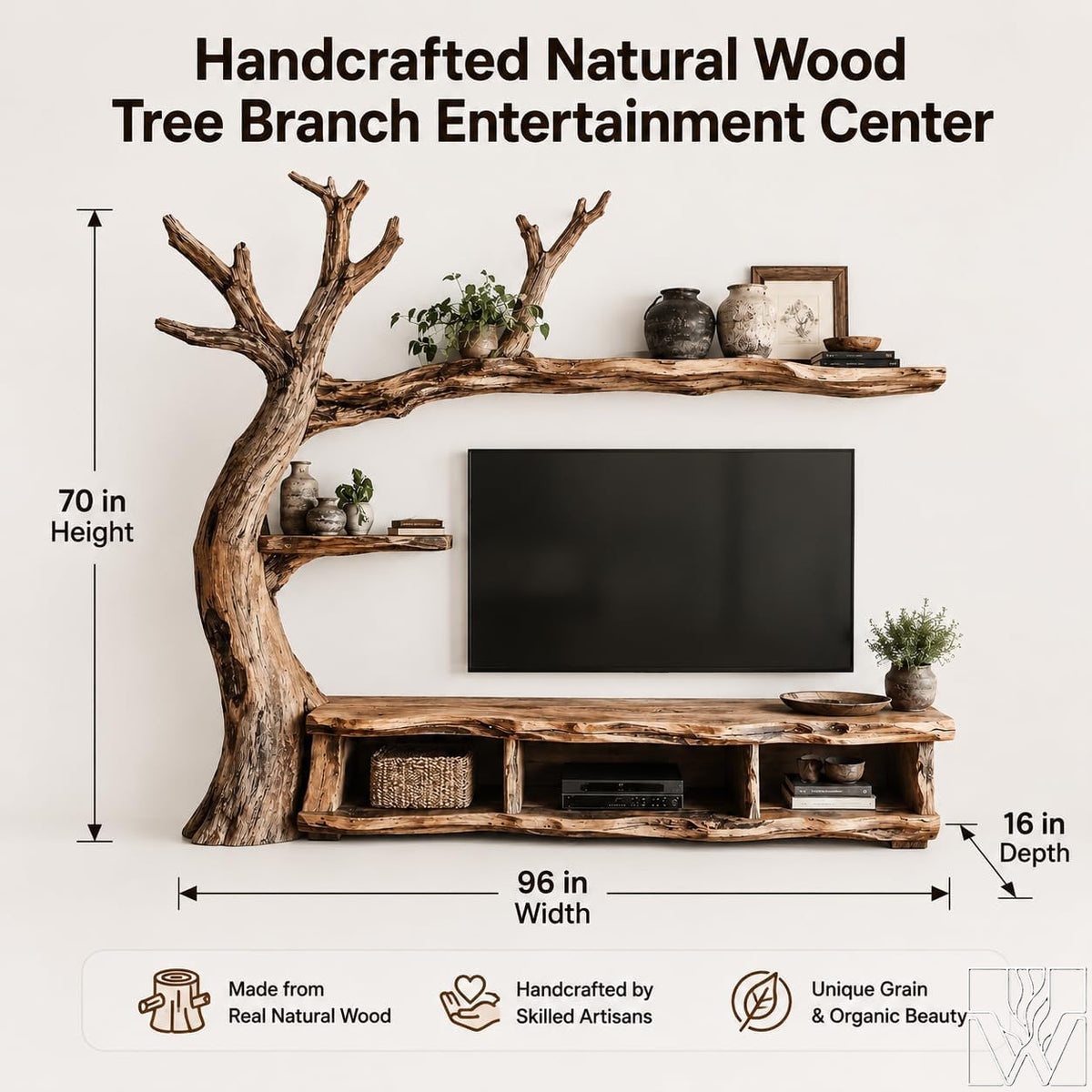 Handcrafted Natural Wood Tree Branch Floating Shelf