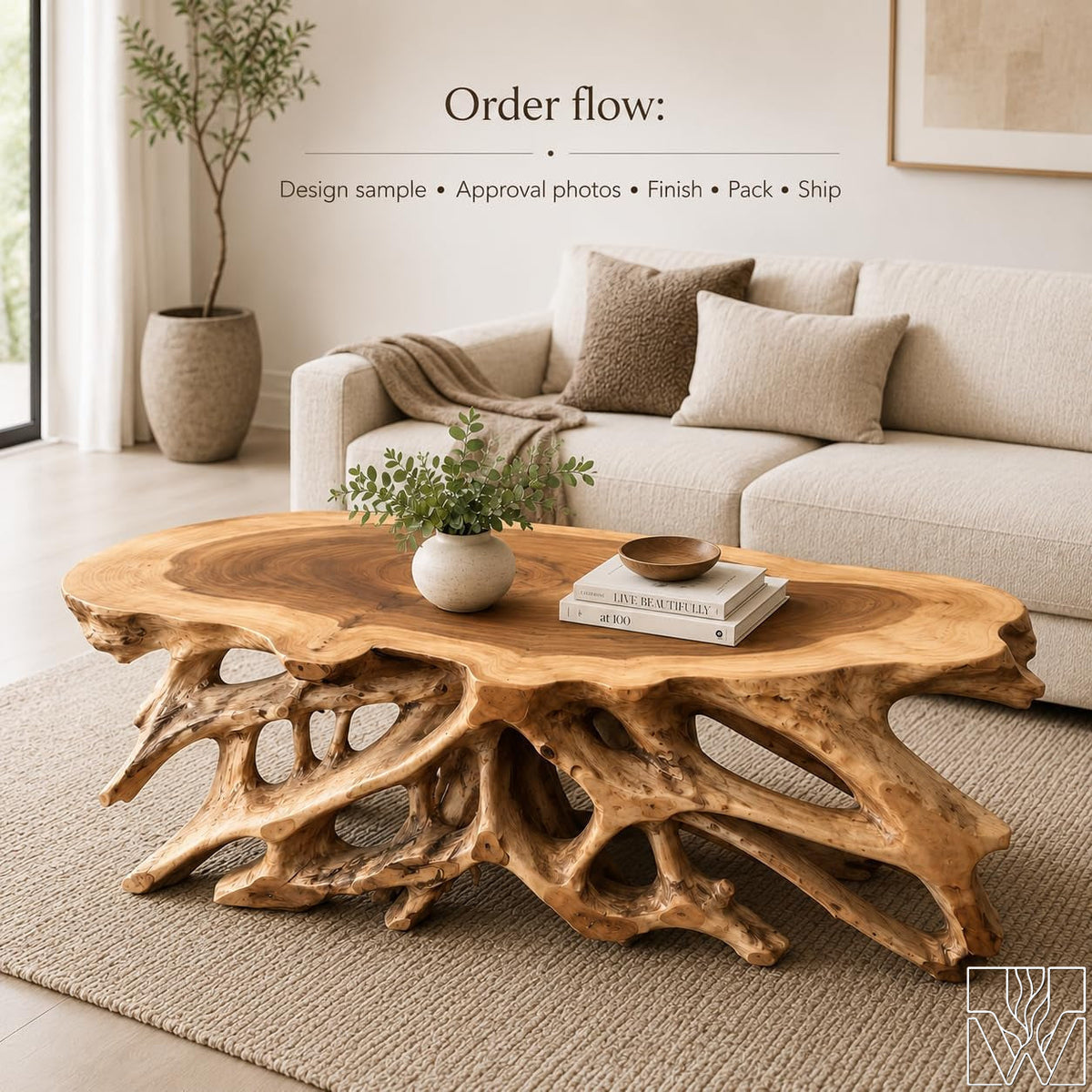 Handcrafted Live Edge Natural Wood Root Coffee Table