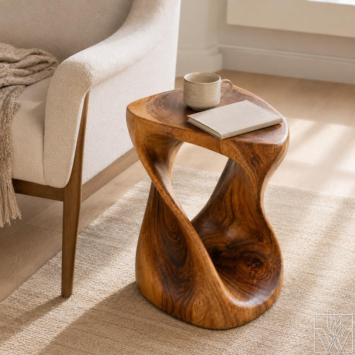 Hand-Carved Solid Wood Twisted End Table & Accent Stool