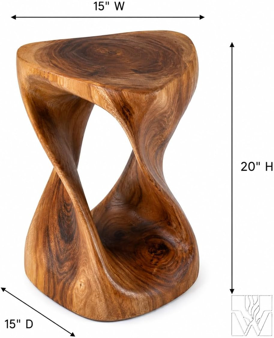 Hand-Carved Solid Wood Twisted End Table & Accent Stool