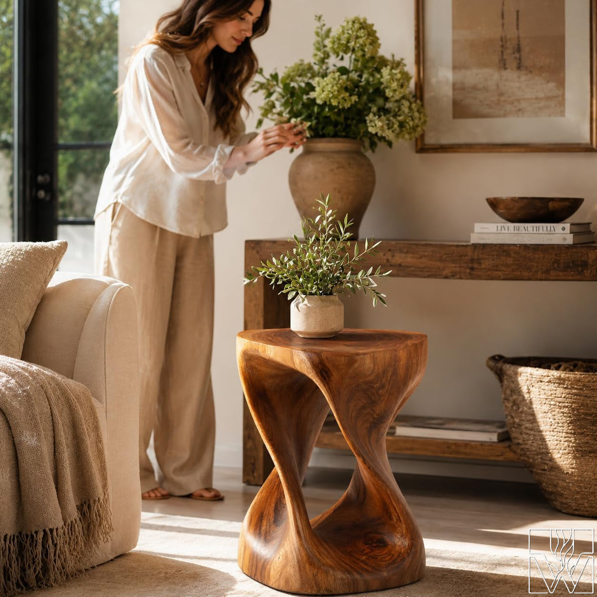 Hand-Carved Solid Wood Twisted End Table & Accent Stool