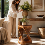 Hand-Carved Solid Wood Twisted End Table & Accent Stool