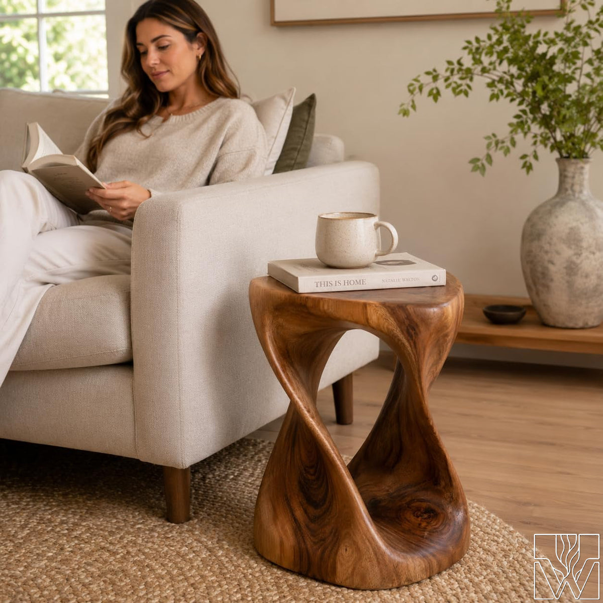 Hand-Carved Solid Wood Twisted End Table & Accent Stool
