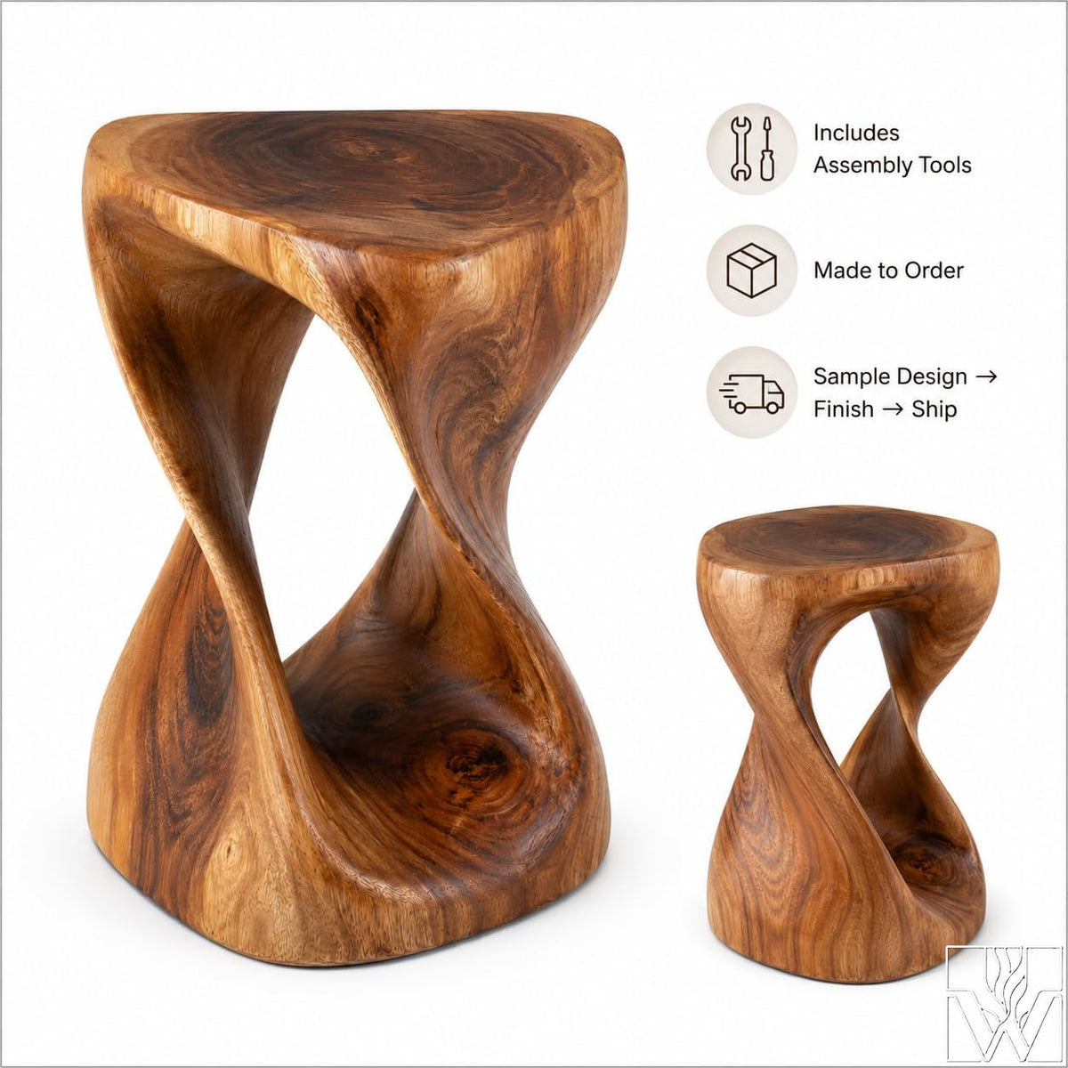 Hand-Carved Solid Wood Twisted End Table & Accent Stool
