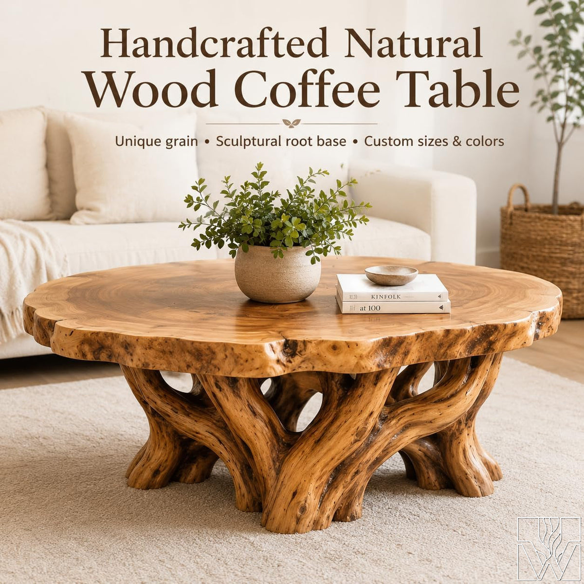 Handcrafted Live Edge Root Wood Coffee Table with Sculptural Base