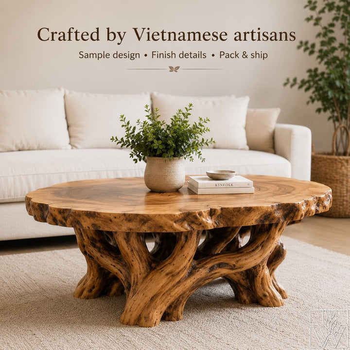 Handcrafted Live Edge Root Wood Coffee Table with Sculptural Base
