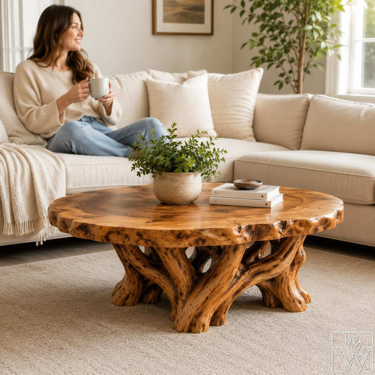 Handcrafted Live Edge Root Wood Coffee Table with Sculptural Base