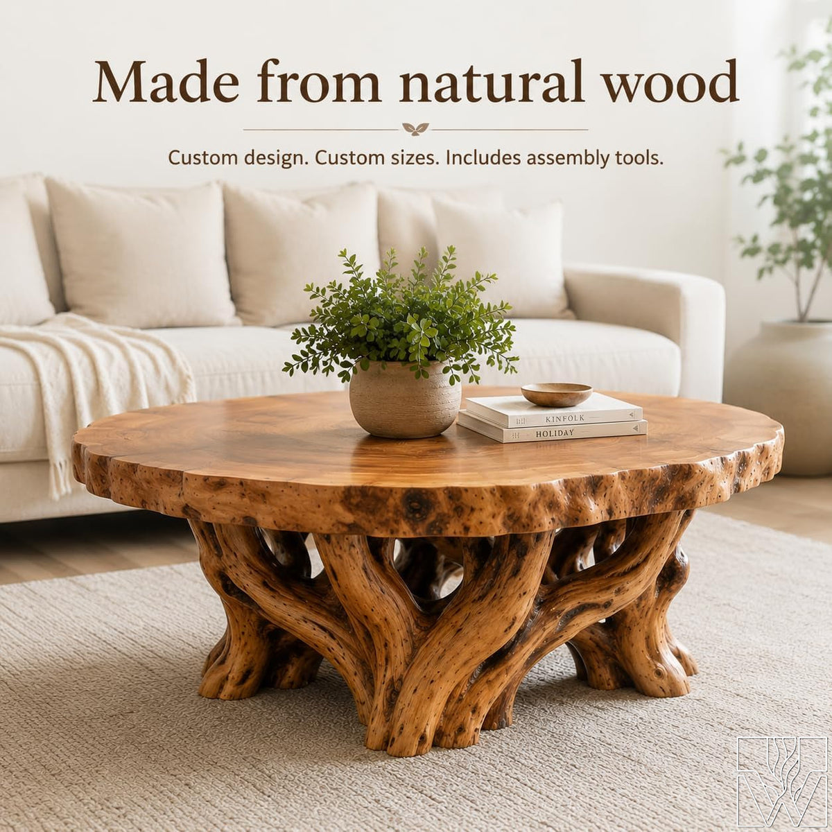 Handcrafted Live Edge Root Wood Coffee Table with Sculptural Base