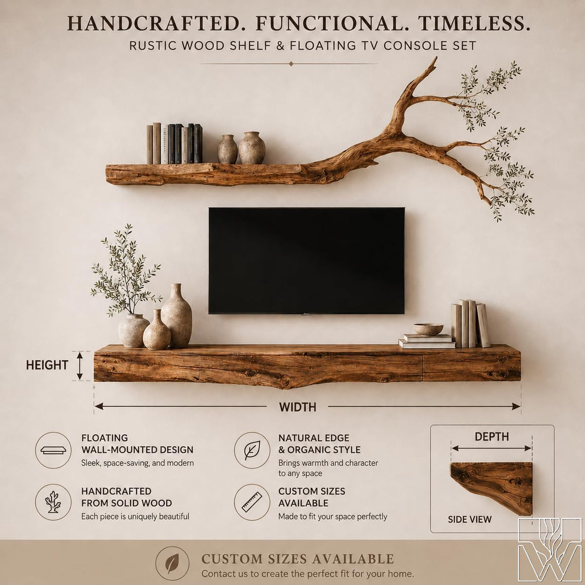 Wabi-Sabi Solid Wood Tree Branch Floating TV Stand