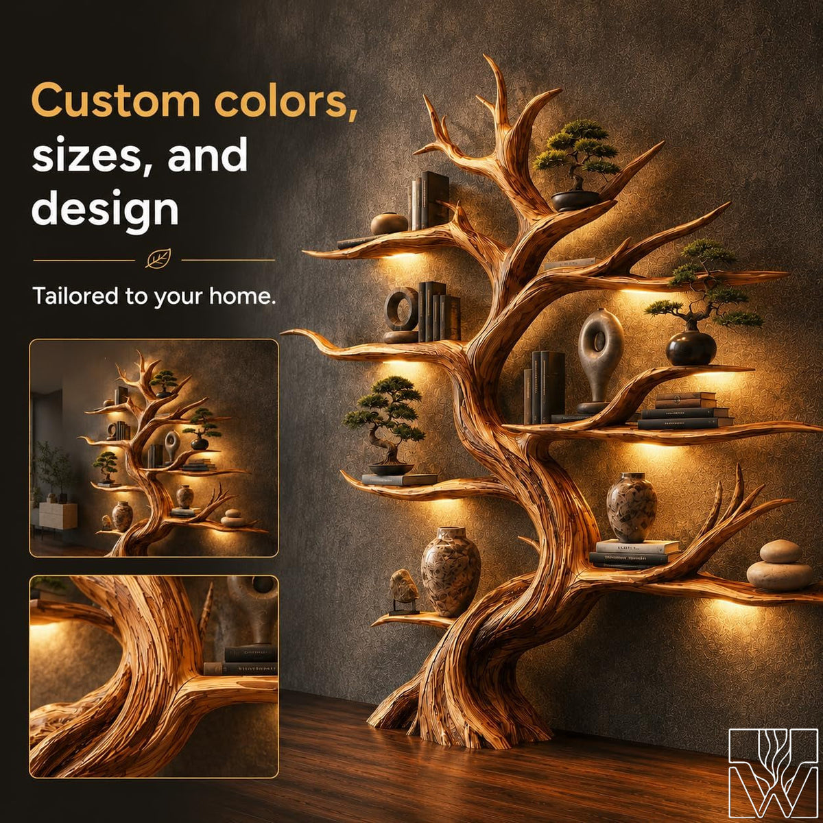 Handcrafted Live Edge Tree Branch Bookshelf with Multi-Tier Storage