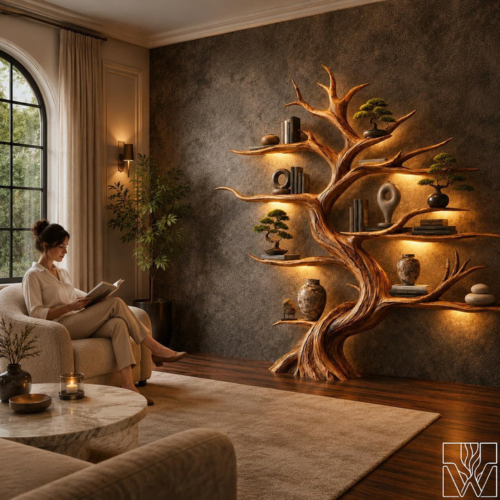 Handcrafted Live Edge Tree Branch Bookshelf with Multi-Tier Storage