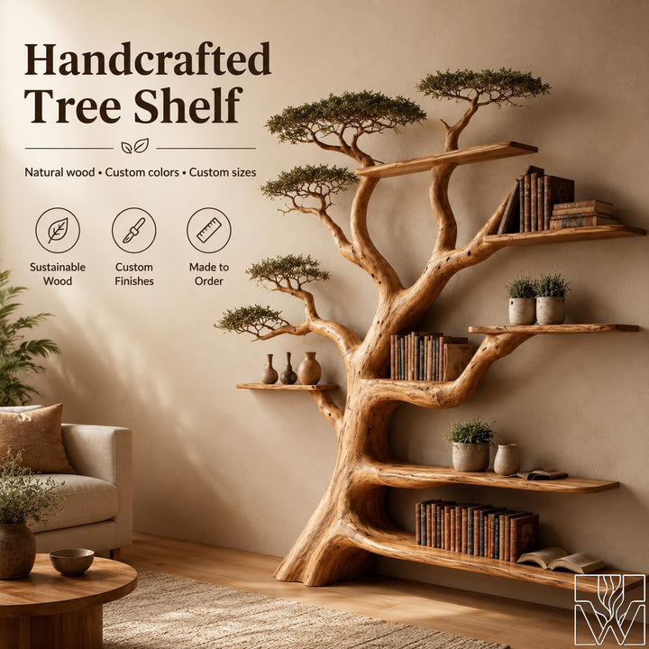 Rustic Live Edge Tree Branch Bookshelf with Leaves