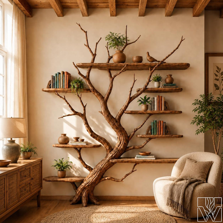 Rustic Natural Wood Tree Branch Bookshelf 8-Tier Wall Shelf