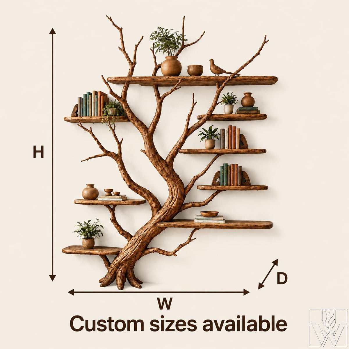 Rustic Natural Wood Tree Branch Bookshelf 8-Tier Wall Shelf
