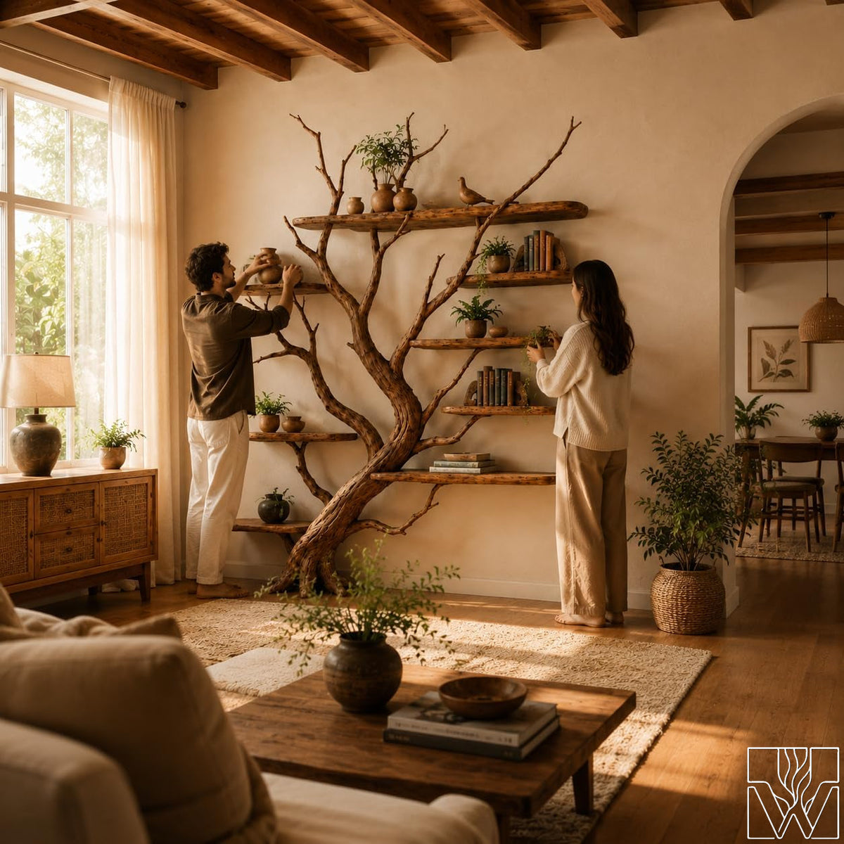 Rustic Natural Wood Tree Branch Bookshelf 8-Tier Wall Shelf