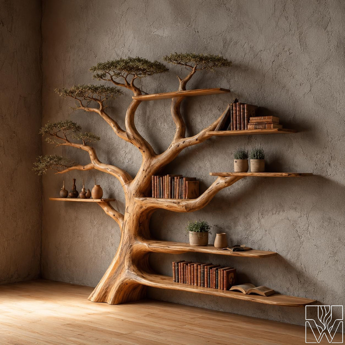 Rustic Live Edge Tree Branch Bookshelf with Leaves