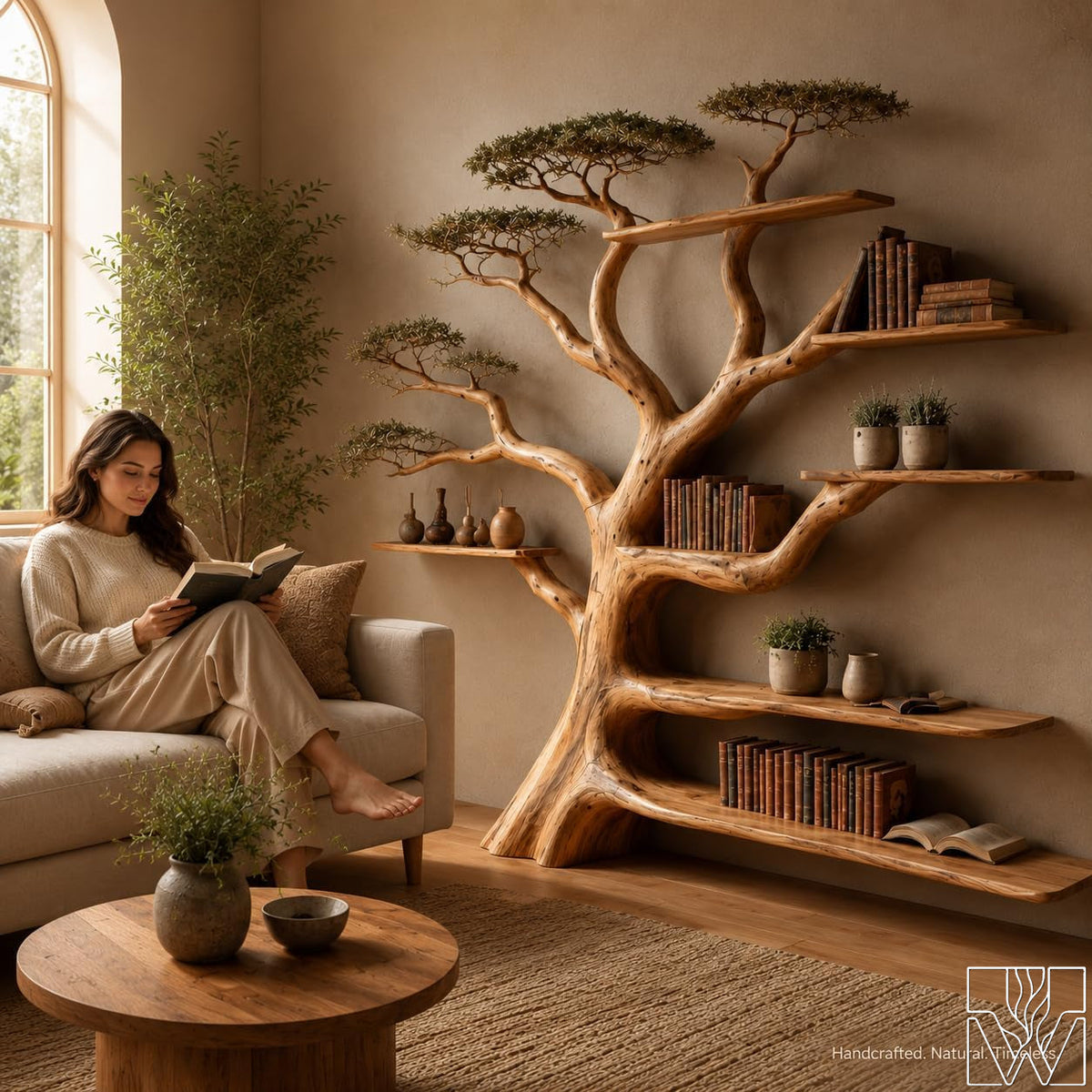 Rustic Live Edge Tree Branch Bookshelf with Leaves