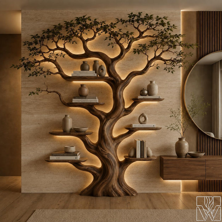 Rustic Live Edge Tree Branch Bookshelf with Leaves