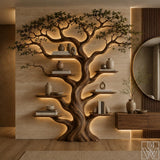 Rustic Live Edge Tree Branch Bookshelf with Leaves