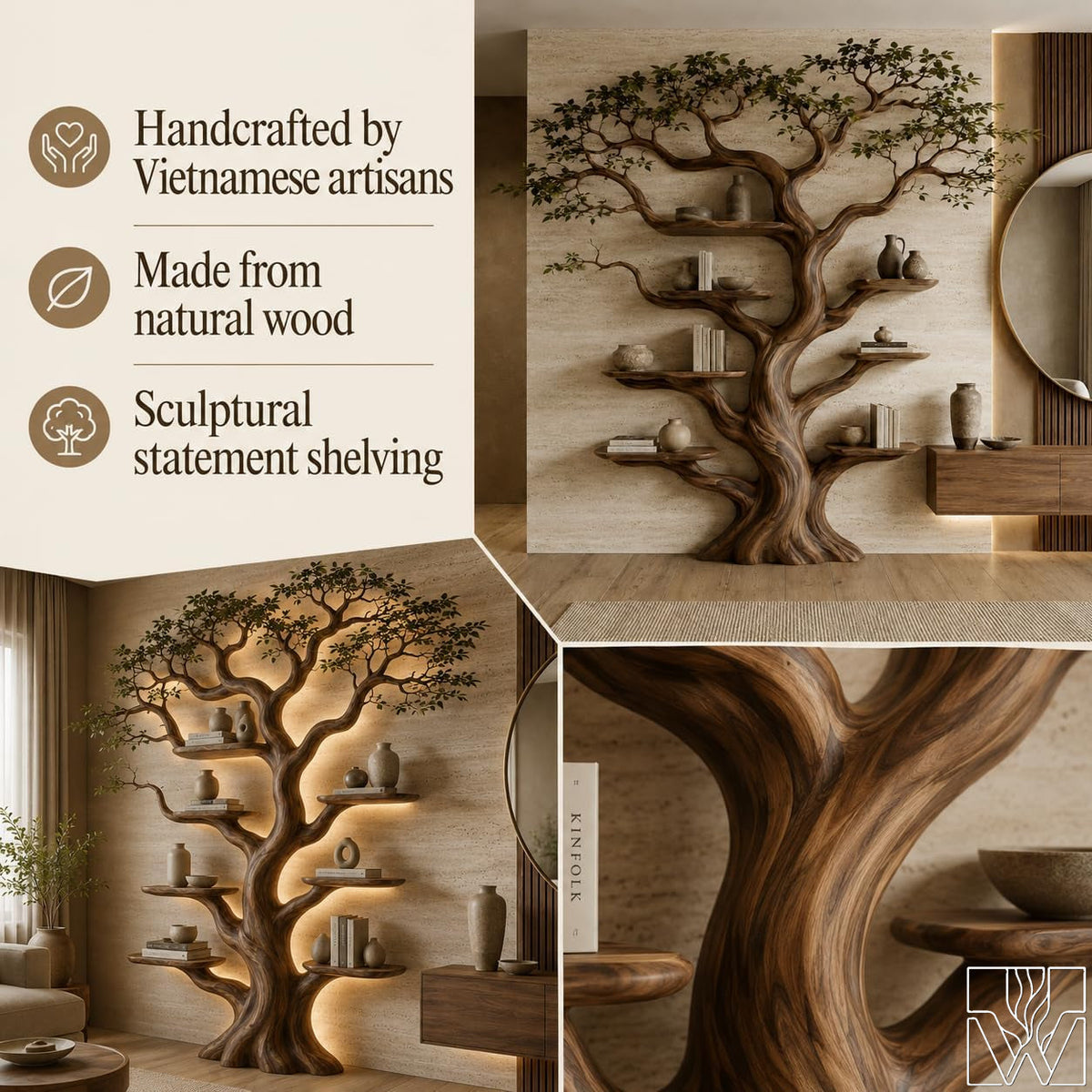 Rustic Live Edge Tree Branch Bookshelf with Leaves