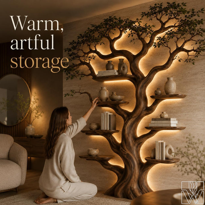 Rustic Live Edge Tree Branch Bookshelf with Leaves