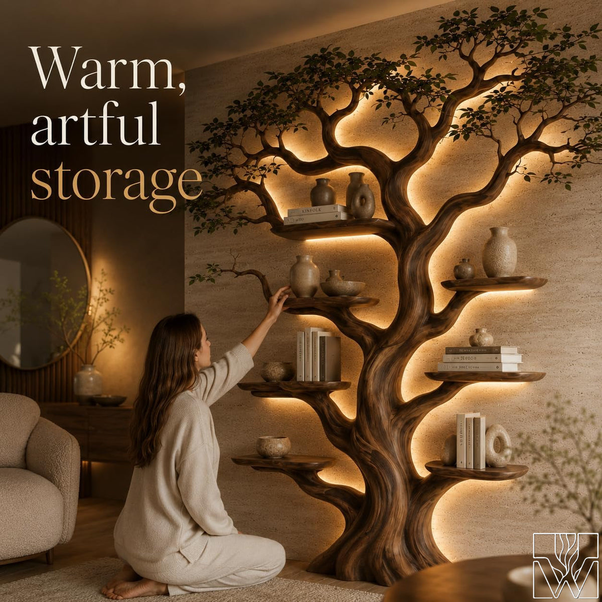Rustic Live Edge Tree Branch Bookshelf with Leaves