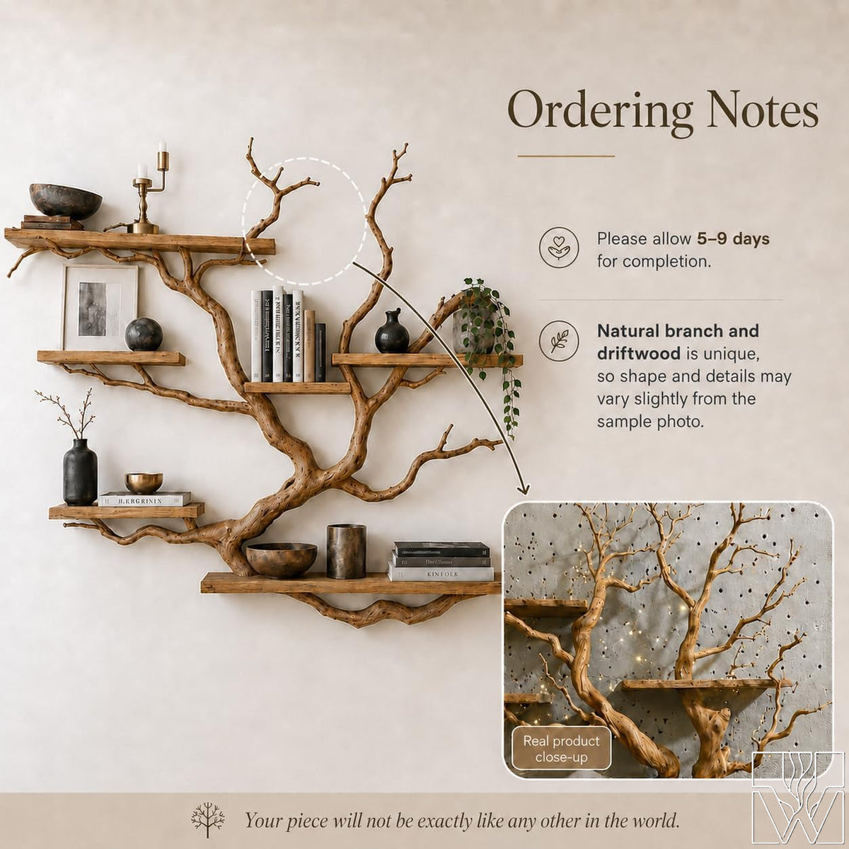 Rustic Live Edge Tree Branch Bookshelf with Leaves