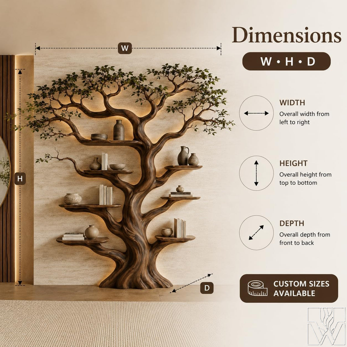 Rustic Live Edge Tree Branch Bookshelf with Leaves