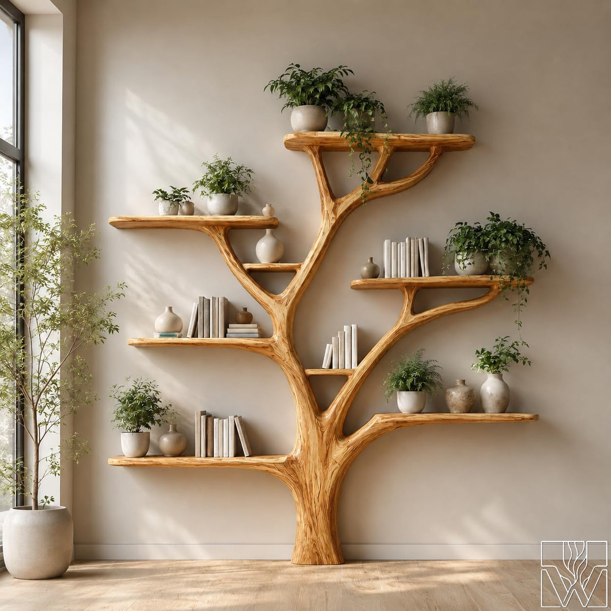 Rustic Tree Branch Bookshelf - Handcrafted Wood Shelf