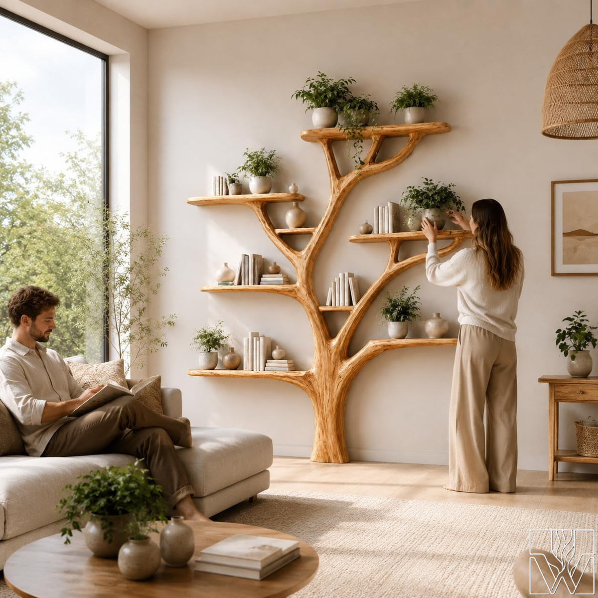 Rustic Tree Branch Bookshelf - Handcrafted Wood Shelf