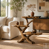 Rustic Wood Tree Console Table 3 Tier Display Shelf